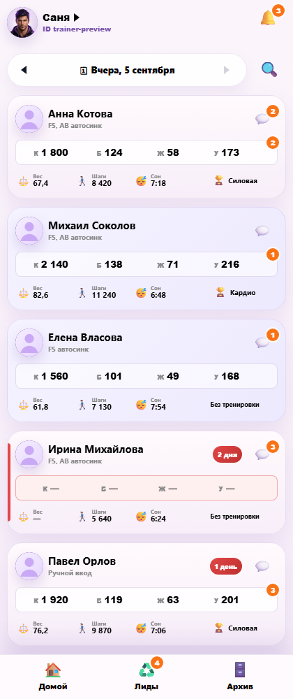 Главная страница тренера: карточки клиентов и меню Домой, Лиды, Архив